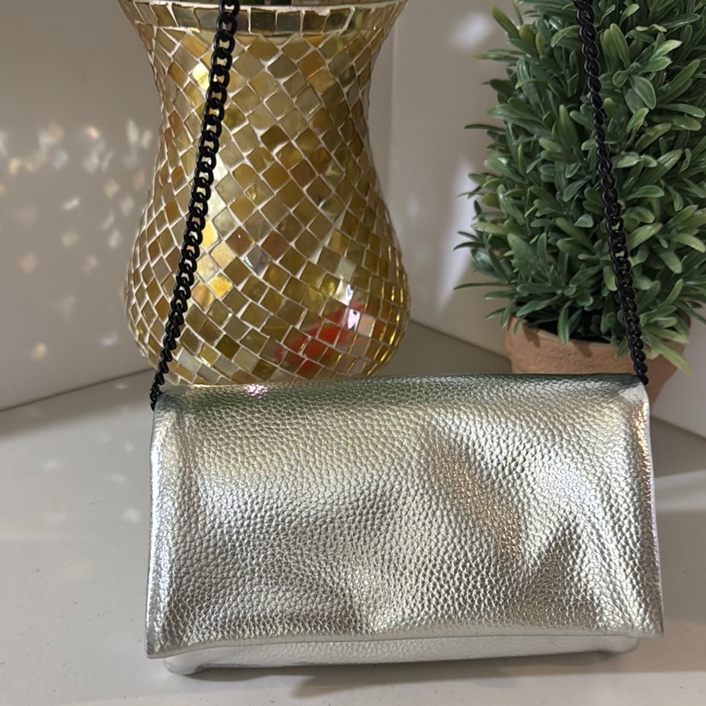 Women's Silver Metallic Crossbody Bag with Black Chain | Y2K Futuristic Purse | - Picture 2 of 9